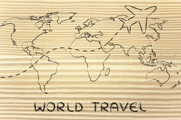 旅游行业: 世界地图与飞机路线 — 图库照片