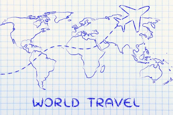 Travel industry: world map with airplane routes — Stock Photo, Image