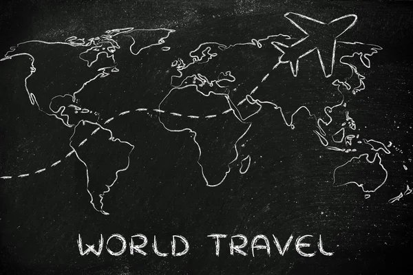 Cestovního ruchu: mapa světa s trasami letadlo — Stock fotografie