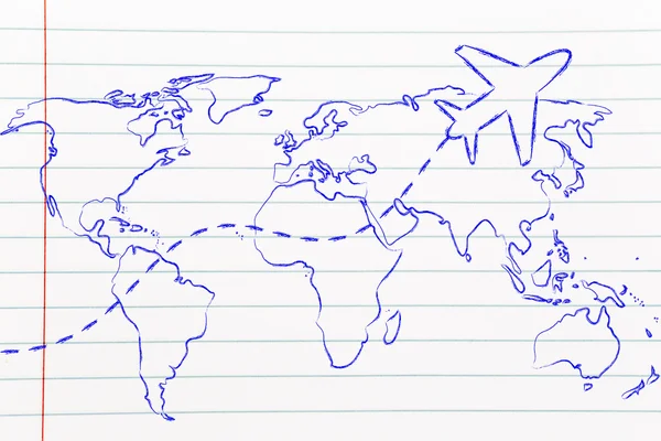 Industria de viajes: mapa del mundo con rutas de avión —  Fotos de Stock