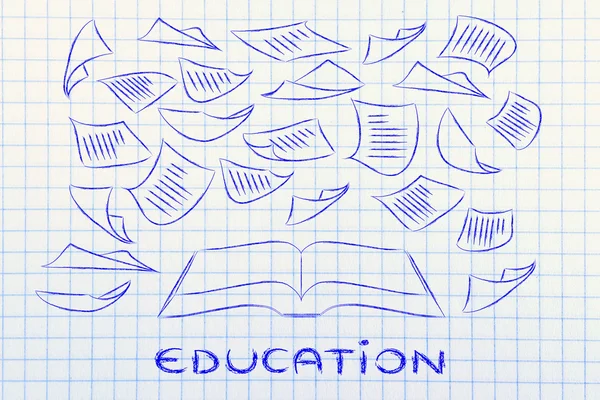 Onderwijs is de sleutel, boek met pagina's vliegen rond — Stockfoto