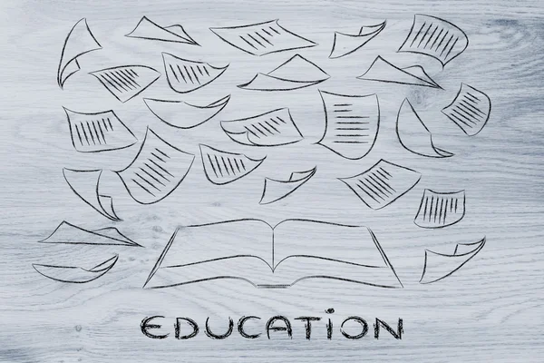 La educación es la clave, libro con páginas volando alrededor — Foto de Stock
