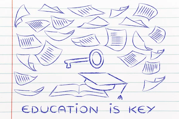 La educación es la clave, libro con páginas volando alrededor — Foto de Stock