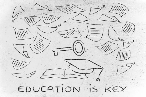 Education is the key, book with pages flying around — Stock Photo, Image