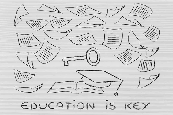Bildung ist der Schlüssel, Buch mit herumfliegenden Seiten — Stockfoto
