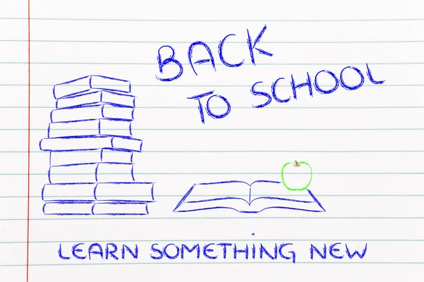 Terug naar school: stapel boeken, open boek en apple — Stockfoto
