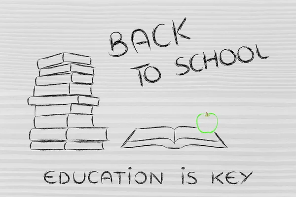 वापस स्कूल: किताबों, खुली किताब और एप्पल का ढेर — स्टॉक फ़ोटो, इमेज