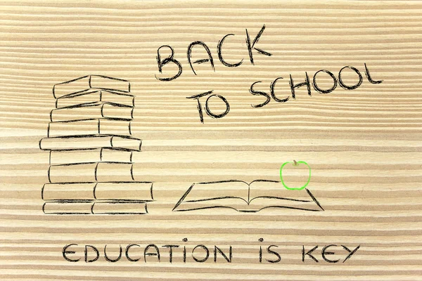 Voltar à escola: pilha de livros, livro aberto e maçã — Fotografia de Stock