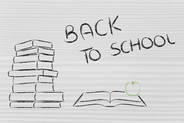 Okula geri: kitap, açık kitap ve elma yığını — Stok fotoğraf
