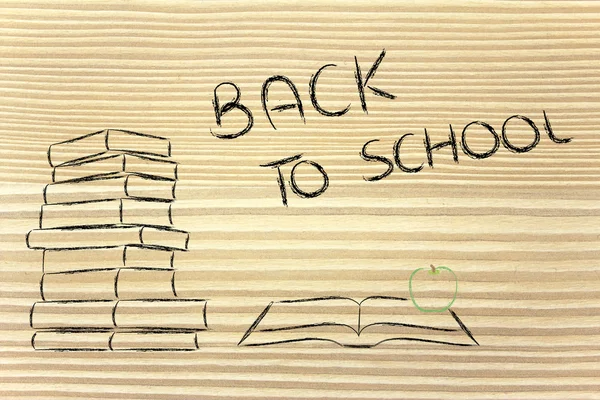 Zpátky do školy: hromadu knih, otevřená kniha a apple — Stock fotografie