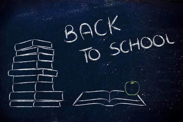 Назад до школи: купа книг, відкрита книга та яблуко — стокове фото