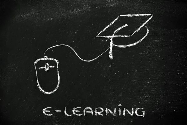 E-lärande, online kurser och avläggande av examen cap — Stockfoto