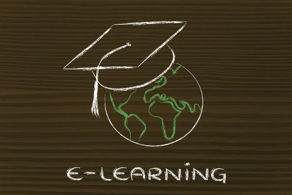 电子学习、 全球在线课程和毕业帽 — 图库照片