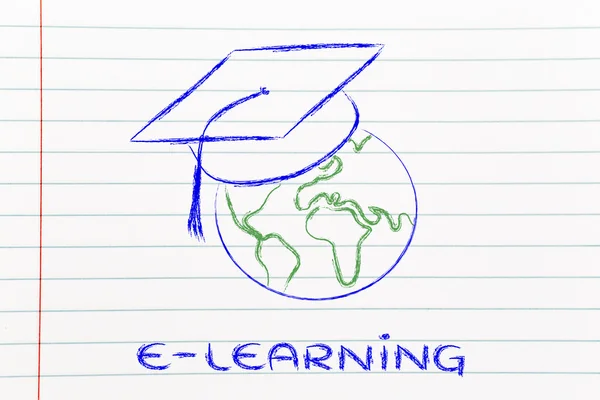 E-learning, global online courses and graduation cap — Stock Photo, Image