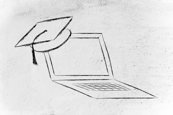 E-learning, online kurser og graduering cap - Stock-foto