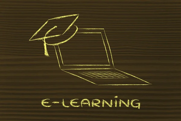 E-lärande, online kurser och avläggande av examen cap — Stockfoto