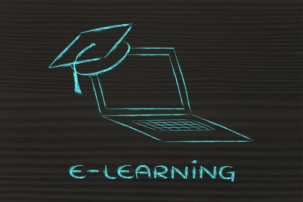 E-learning, online cursussen en afstuderen cap — Stockfoto