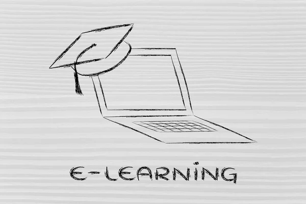 E-러닝, 온라인 교육 과정 및 졸업 모자 — 스톡 사진