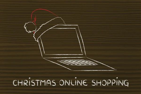 Komputer z santa claus kapelusz, pojęcie Boże Narodzenie zakupy online — Zdjęcie stockowe