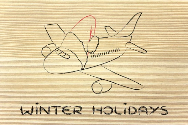 Winter- und Weihnachtsurlaub: Flugzeug mit Weihnachtsmann-Mütze — Stockfoto
