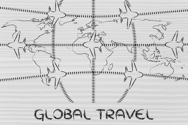 Travel industry: airplanes and air traffic over world map — Stock Photo, Image