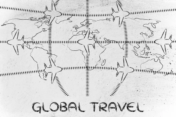 Travel industry: airplanes and air traffic over world map — Stock Photo, Image