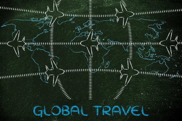 Туристическая отрасль: самолеты и воздушное движение над картой мира — стоковое фото