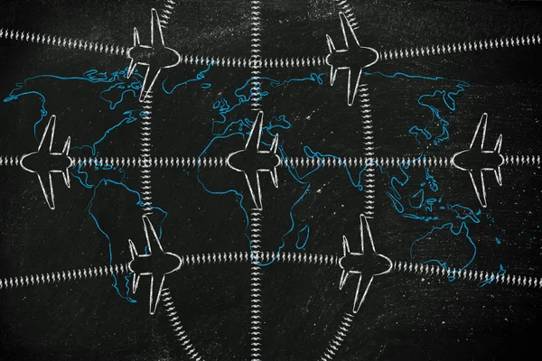 Industria de viajes: aviones y tráfico aéreo en el mapa del mundo —  Fotos de Stock