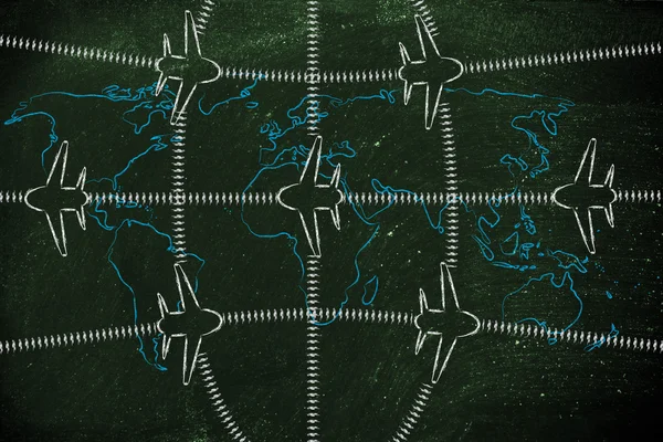 Industria de viajes: aviones y tráfico aéreo en el mapa del mundo —  Fotos de Stock