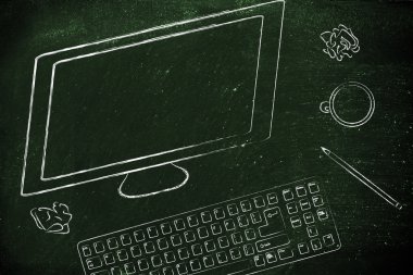 bilgisayar ekran, klavye ve kahve masası