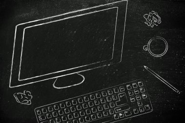 bilgisayar ekran, klavye ve kahve masası