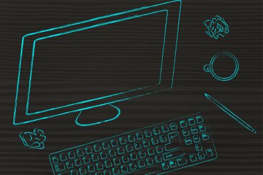 bilgisayar ekran, klavye ve kahve masası