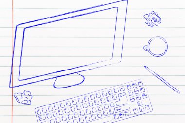 bilgisayar ekran, klavye ve kahve masası