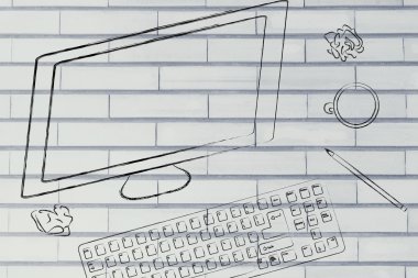 bilgisayar ekran, klavye ve kahve masası