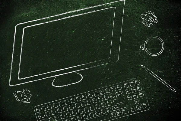 bilgisayar ekran, klavye ve kahve masası