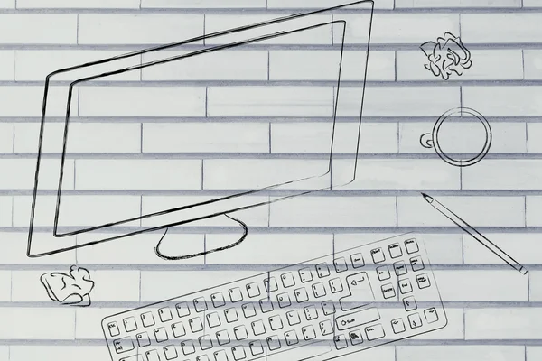 bilgisayar ekran, klavye ve kahve masası