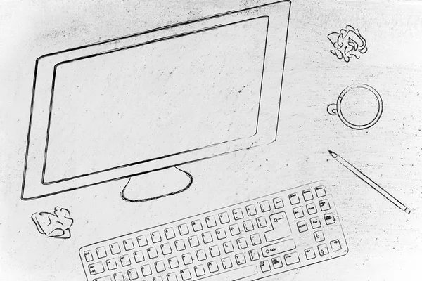 Bilgisayar ekran, klavye ve kahve masası — Stok fotoğraf