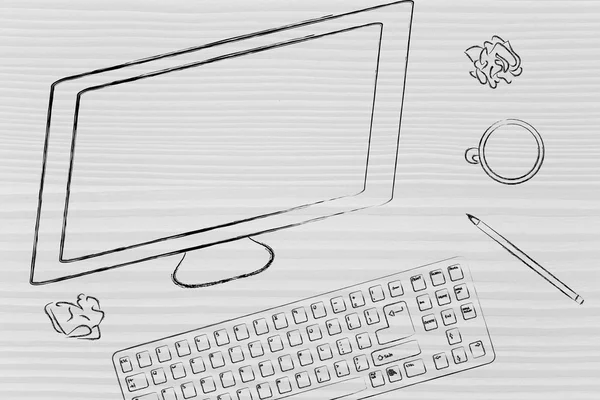 Escritorio con pantalla de ordenador, teclado y café — Foto de Stock