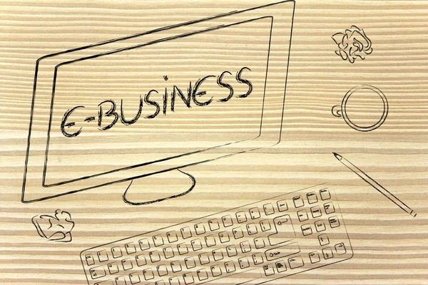 Texto de e-business na tela do computador — Fotografia de Stock