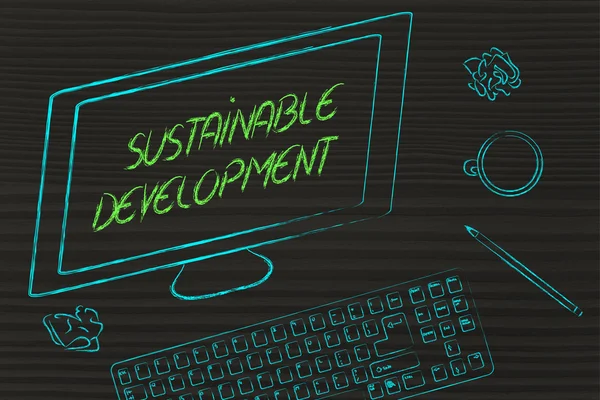 Texto de desarrollo sostenible en la pantalla del ordenador — Foto de Stock