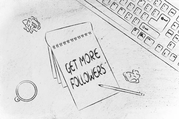 Escritorio con teclado, café y notas sobre cómo conseguir más seguidores — Foto de Stock