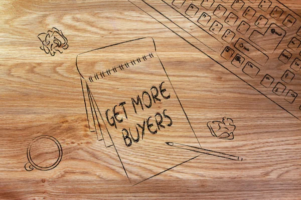 Skrivbord med keybord, kaffe och anteckningar om att få fler köpare — Stockfoto