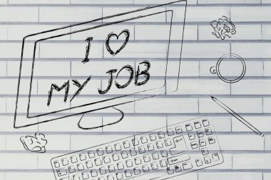 Ben işimi seviyorum diyerek bilgisayar ekranı