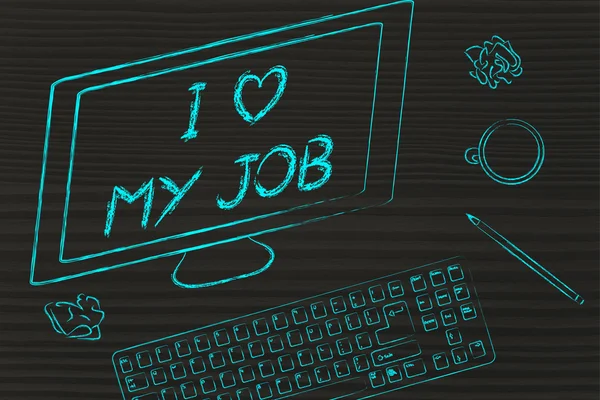 Ekranie komputera mówiąc, że kocham moją pracę — Zdjęcie stockowe