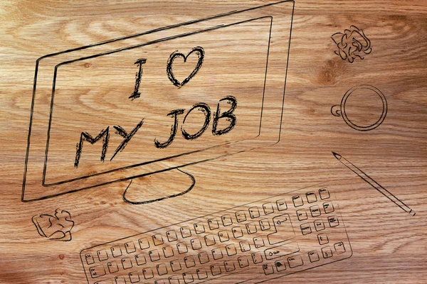 Computer screen saying I love my job — Stock Photo, Image