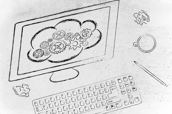 Computer met cloud computing — Stockfoto