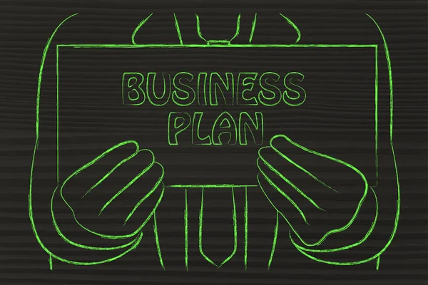 Uomo in possesso di Business Plan segno — Foto Stock