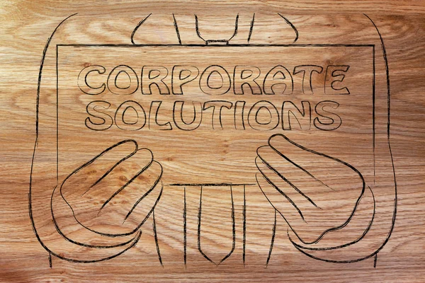 Man holding Corporate Solutions sign — Stock Photo, Image