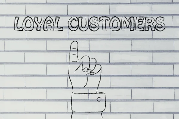 Hand zeigt auf die schreibenden treuen Kunden — Stockfoto