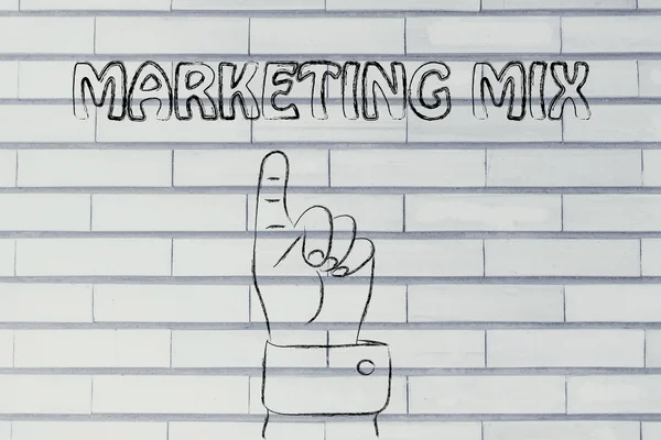 Hand pointing at the writing marketing mix — Stock Photo, Image